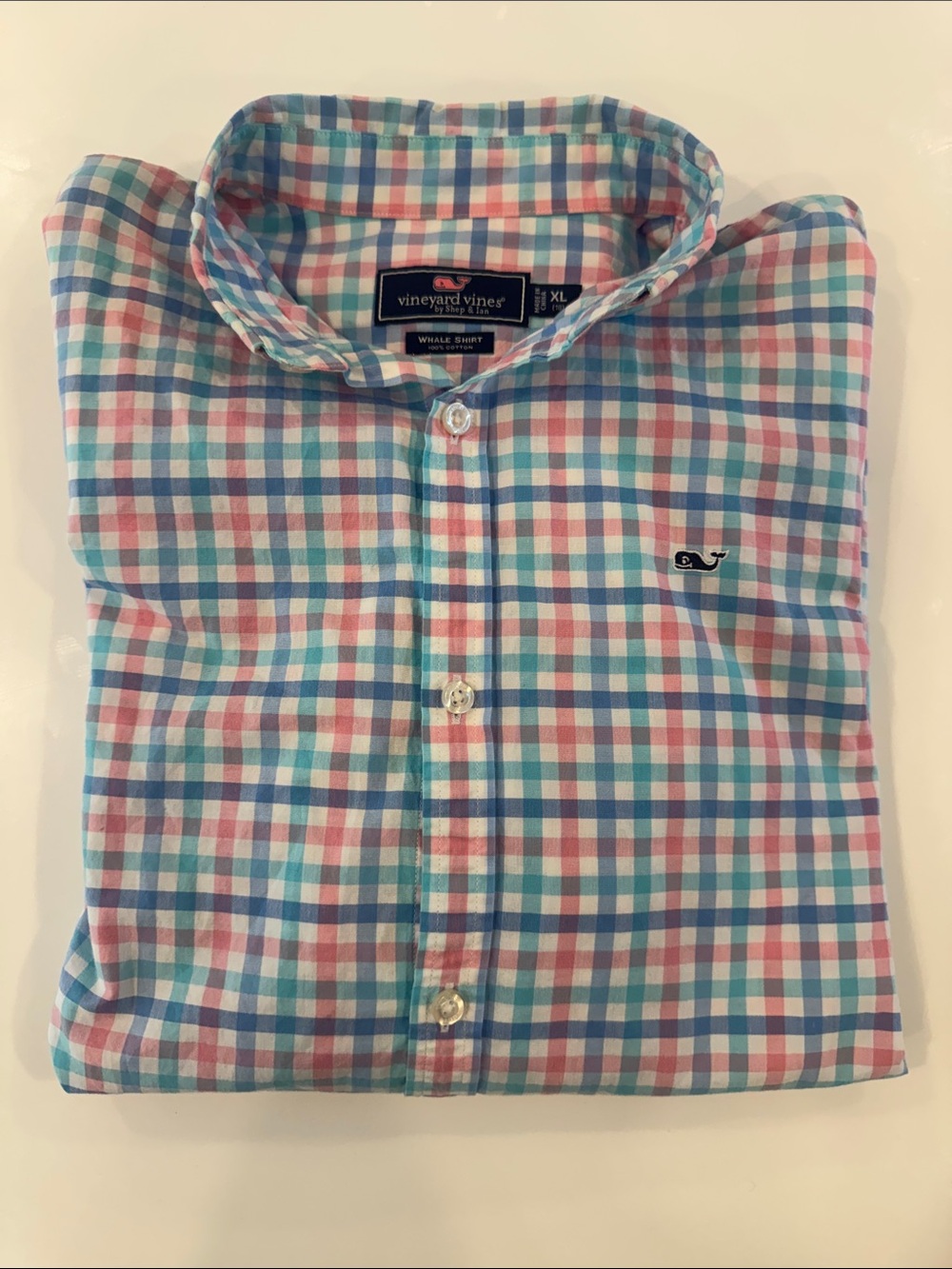 Vineyard Vines Plaid Button-Up Whale Shirt in Pink, Blue & White size L (16)